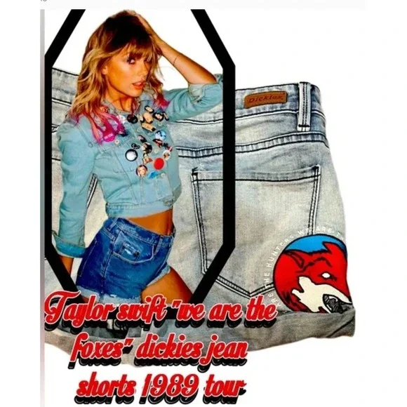 Dickies Girl Taylor Swift 1989 Denim Shorts Fox Patch Light Wash Juniors. Sz 5